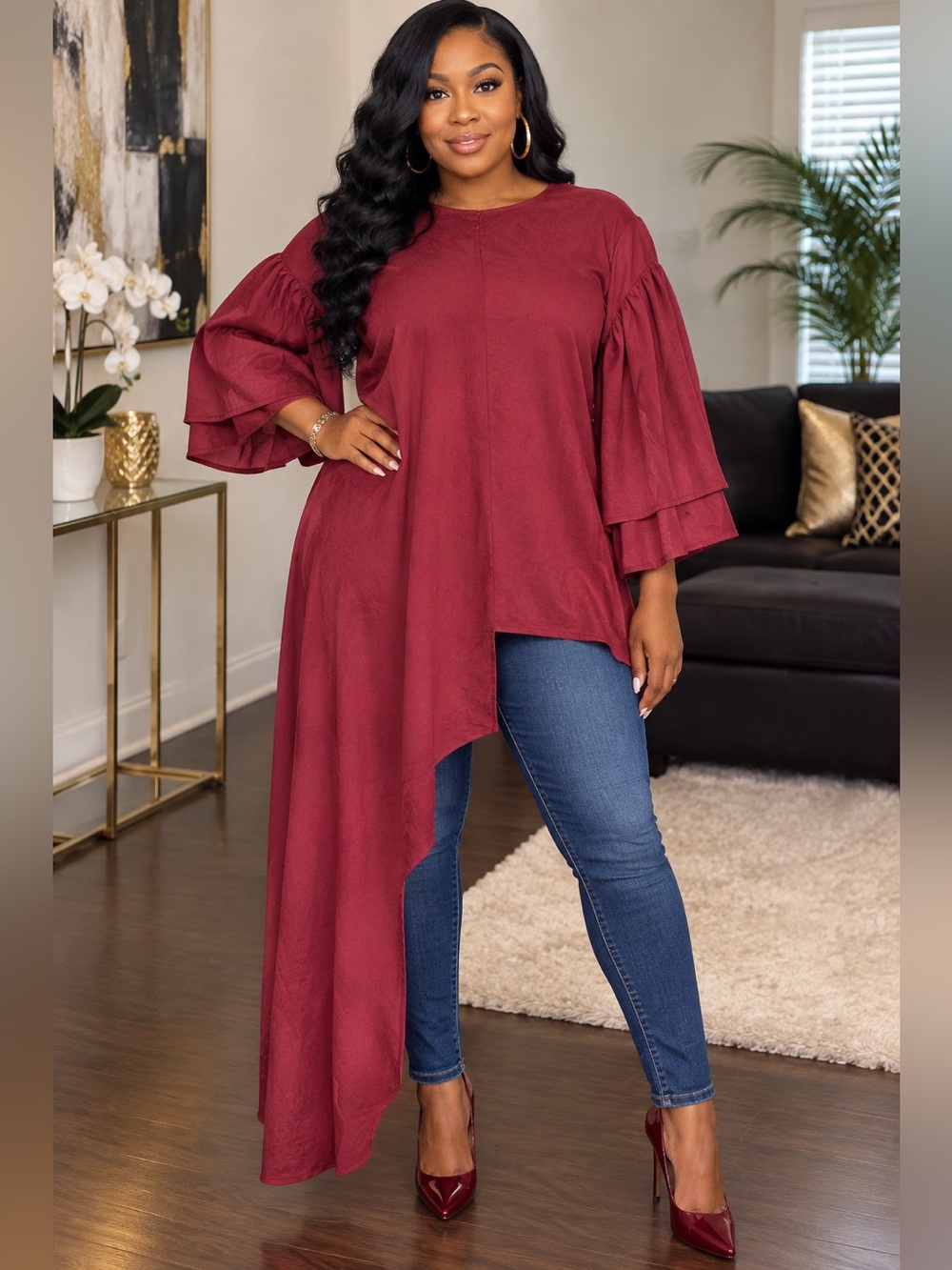 Asymmetrical Ruffle Sleeve Tunic Dress - wine